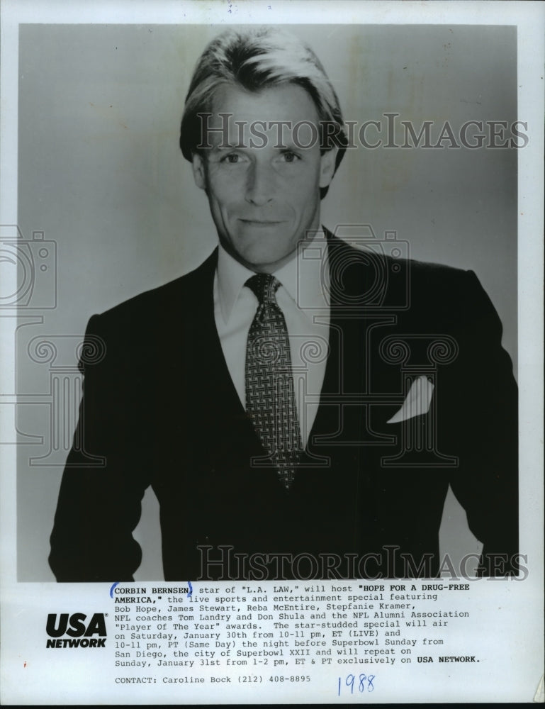 1988 Press Photo Corbin Bernsen of L.A. Law Hosts Hope For a Drug Free America - Historic Images