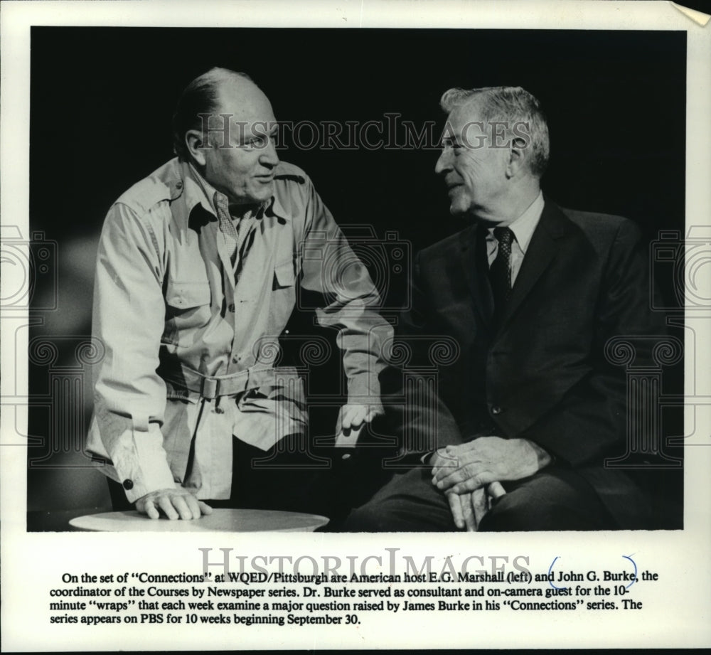 1979 Press Photo E.G. Marshall and John G. Burke on the set of &quot;Connections&quot; - Historic Images