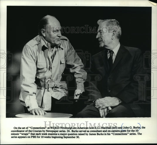 1979 Press Photo E.G. Marshall and John G. Burke on the set of "Connections" - Historic Images