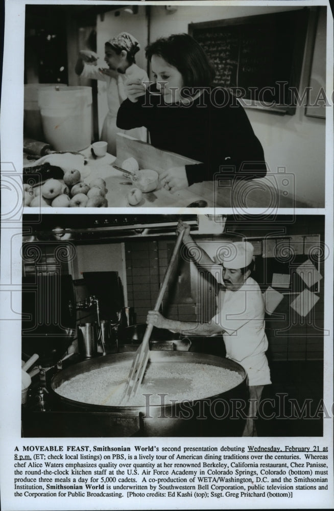 1992 Press Photo Chef Alice Waters emphasizes taste test food at Chez Pannisse - Historic Images