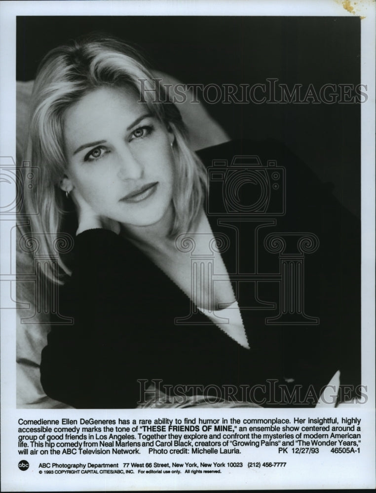 1993 Press Photo Comedienne Ellen DeGeneres in &quot;These Friends of Mine&quot; - Historic Images