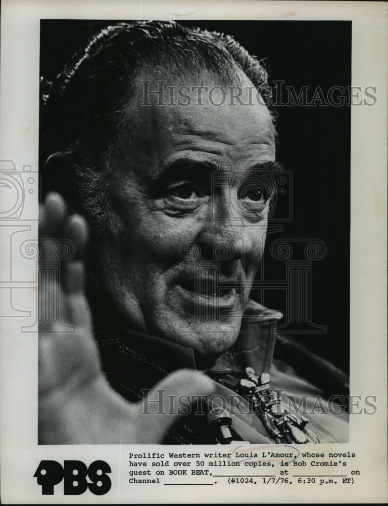 1976 Press Photo Louis L&#39;Amour, western writer, on Book Beat. - mjp04232 - Historic Images