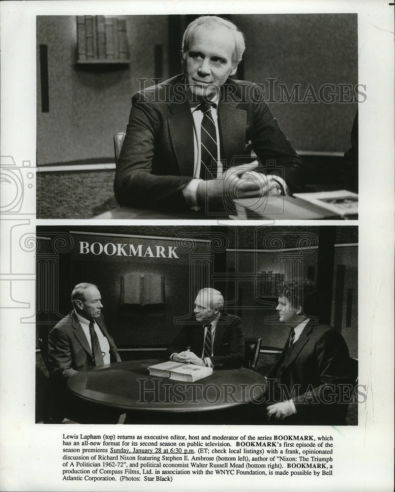 1990, Lewis Lapham, Stephen Ambrose and Walter Mead on Bookmark. - Historic Images