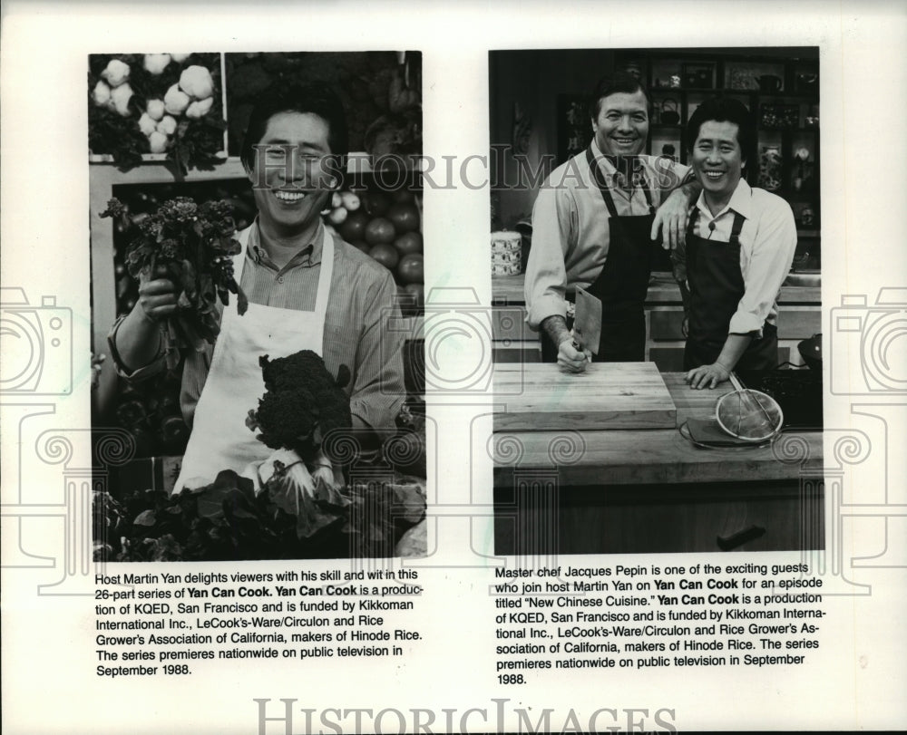 1988 Press Photo Chefs Martin Yan and Jacques Pepin on Yan Can Cook. - mjp05912 - Historic Images