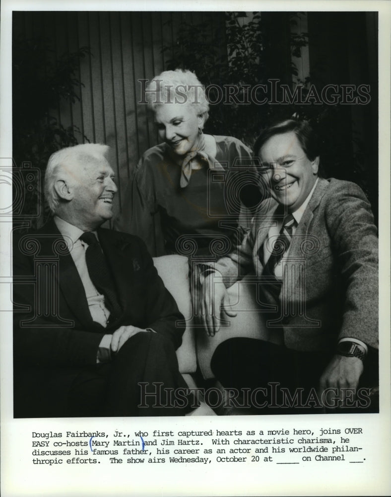 1985 Press Photo Douglas Fairbanks Jr., Mary Martin and Jim Hartz on Over Easy.- Historic Images