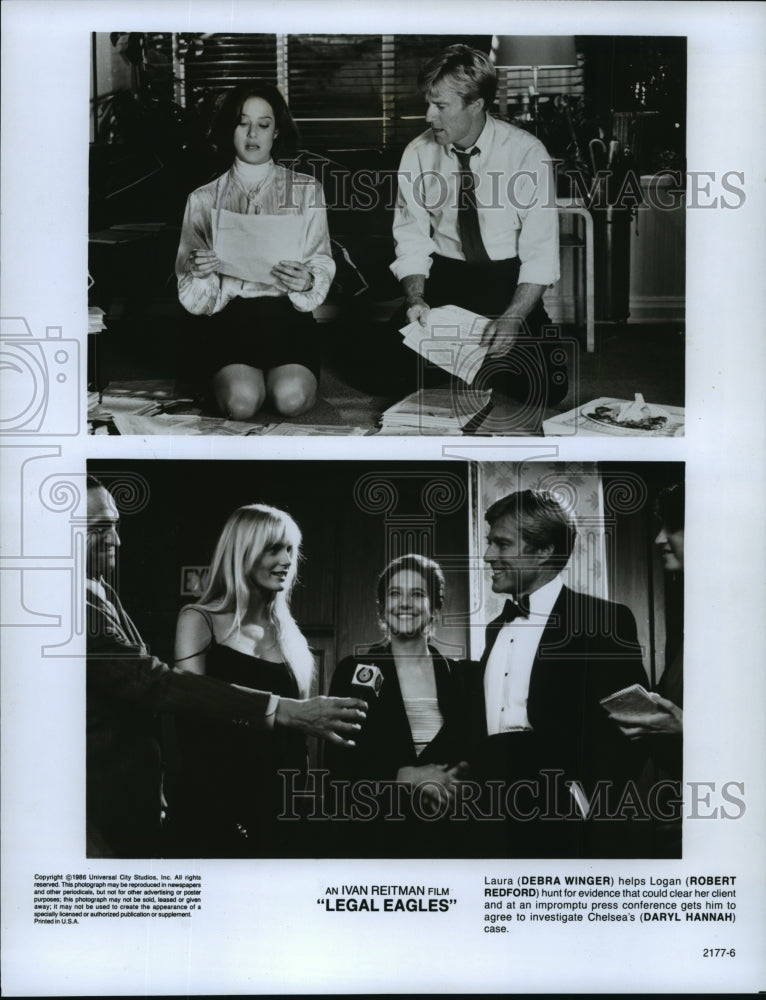 1986 Press Photo Debra Winger, Robert Redford &amp; Daryl Hannah in Legal Eagles. - Historic Images