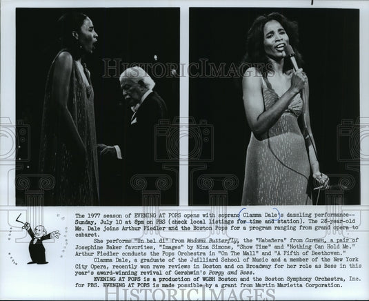 1977 Press Photo Clamma Dale with Arthur Fiedler and the Boston Pops - mjp08502-Historic Images