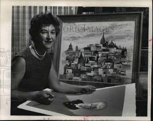 1963 Press Photo Artist Jane Doud with Mexican landscape and portrait of child. - Historic Images