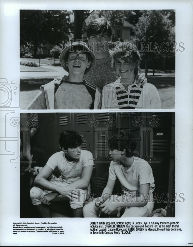1986 Press Photo Corey Haim, Charlies Sheen and Kerri Green star in Lucas. - Historic Images