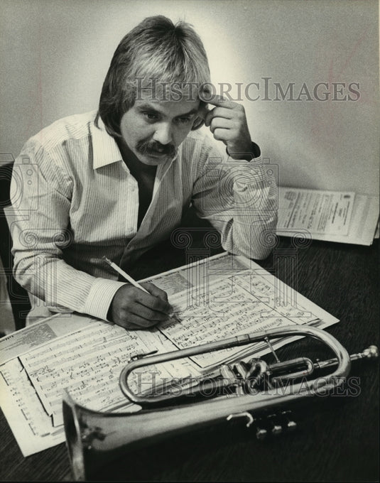 1980, Trumpeter Mike Drake and his music. - mjp09686 - Historic Images