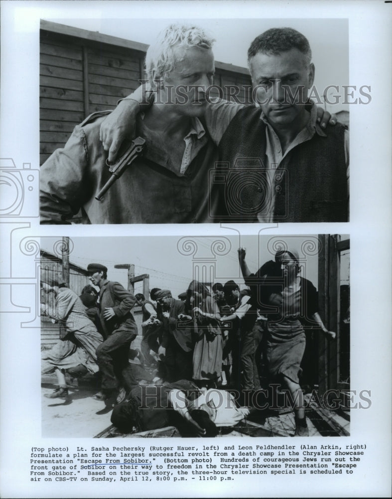 1987 Press Photo Rutger Hauer and Alan Arkin in Escape from Sobibor, on CBS. - Historic Images