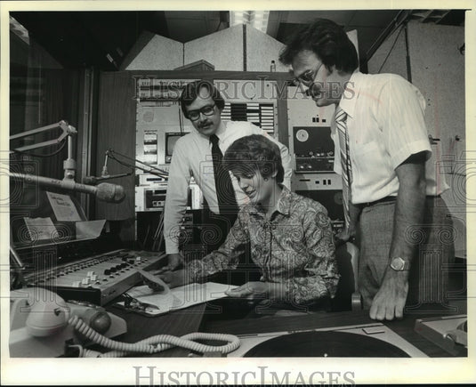1980, WUWM Radio Staff Dave Edwards, Kris Daniels, Kevin Fischer - Historic Images