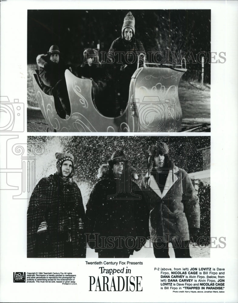 1994 Press Photo Jon Lovitz, Nicolas Cage, Dana Carvey in "Trapped in Paradise" - Historic Images