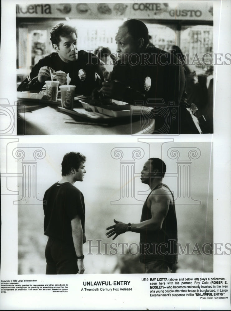 1992 Press Photo Actor Ray Liotta, Roger E. Mosley in &quot;Unlawful Entry&quot; Movie - Historic Images