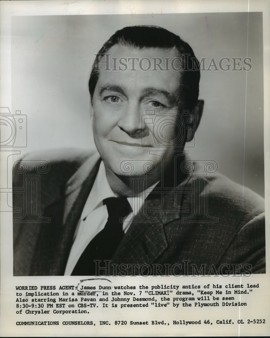 1957 Press Photo Actor James Dunn for "Climax!: Keep Me in Mind" CBS TV - Historic Images