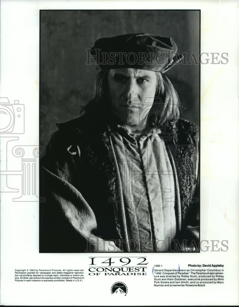 1992 Press Photo Gerard Depardieu stars in 1492: Conquest of Paradise. - Historic Images