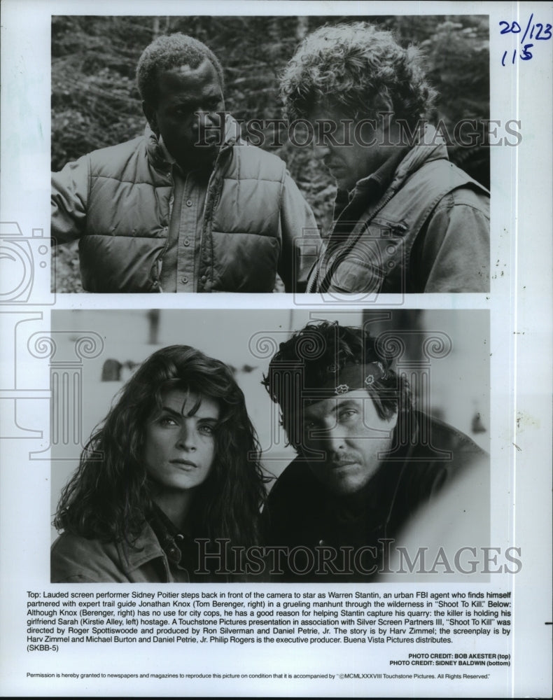 1988, Sidney Poitier, Kirstie Alley &amp; Tom Berenger in Shoot To Kill. - Historic Images