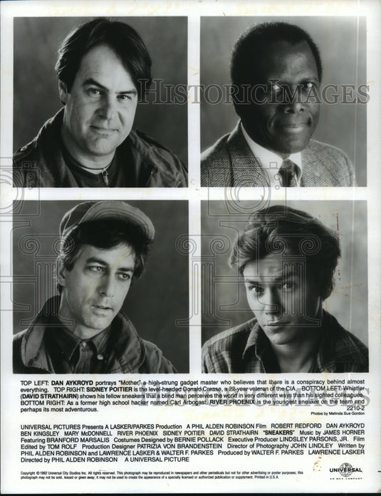 1992, Sidney Poitier, Dan Aykroyd & River Phoenix in Sneakers. - Historic Images