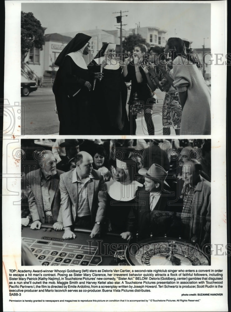 1992 Press Photo Whoopi Goldberg and Kathy Najimy in scenes from Sister Act. - Historic Images