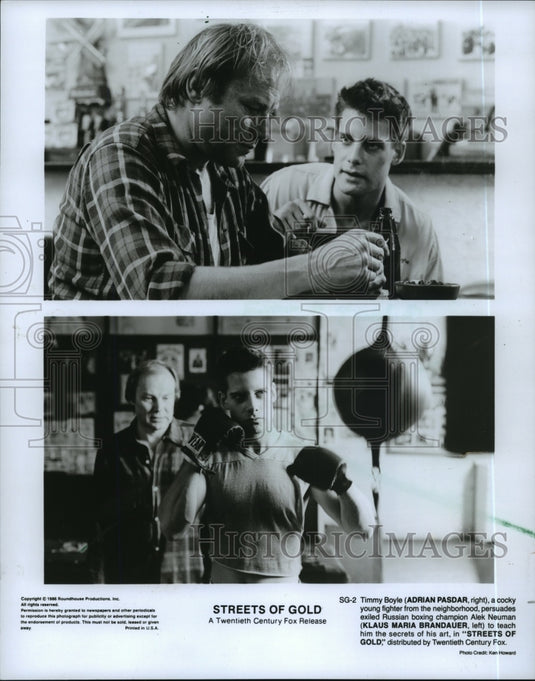 1986, Actor Adrian Pasdar, Klaus Maria Brandauer in "Streets of Gold" - Historic Images