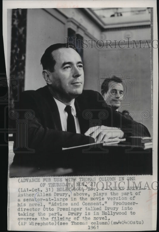 1961 Press Photo Author Allen Drury stars in Advise and Consent, based on book. - Historic Images