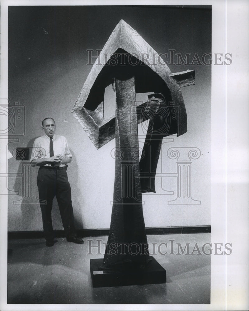 1969, Seymour Lipton, sculptor with his work. - mjp11320 - Historic Images