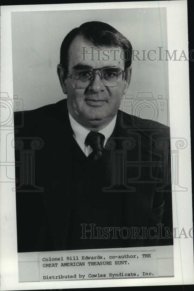 1985 Press Photo Colonel Bill Edwards, author of The Great American Treasure Hun - Historic Images