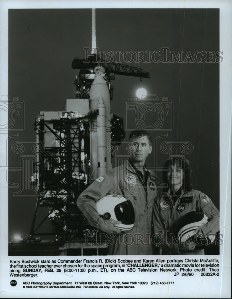 1990, Barry Bostwick and Karen Allen star in Challenger, on ABC. - Historic Images