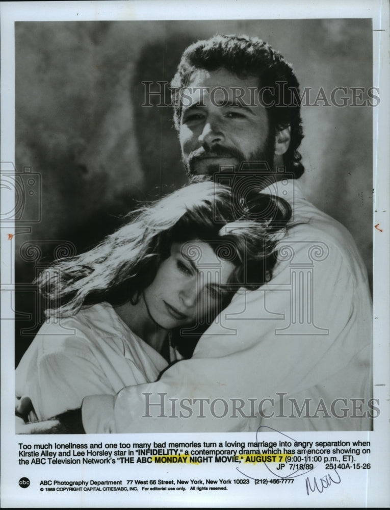 1989 Press Photo Kirstie Alley and Lee Horsley star in Infidelity, on ABC. - Historic Images