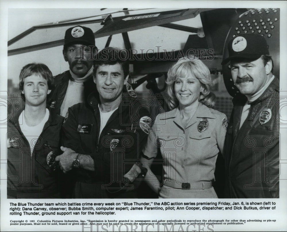 1983 Press Photo Dana Carvey, James Farentino &amp; Dick Butkus on Blue Thunder. - Historic Images