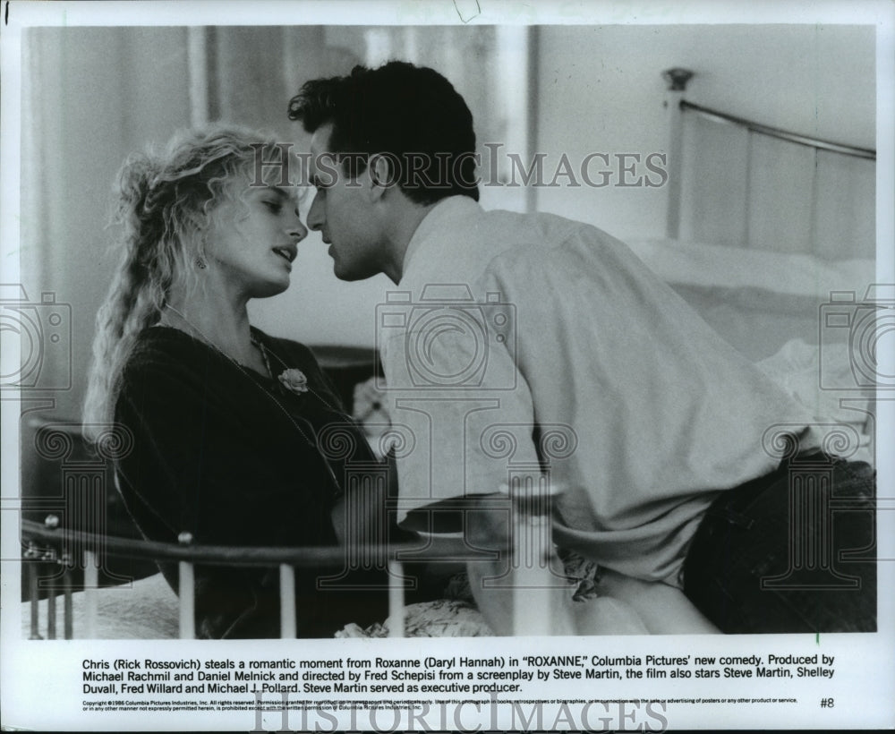 1986 Press Photo Rick Rossovich and Daryl Hannah star in Roxanne. - mjp11739 - Historic Images