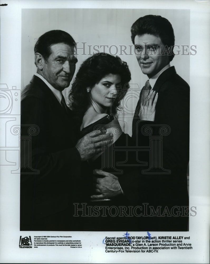 1983 Press Photo Rod Taylor, Kirstie Alley, Greg Evigan in "Masquerade" Movie-Historic Images