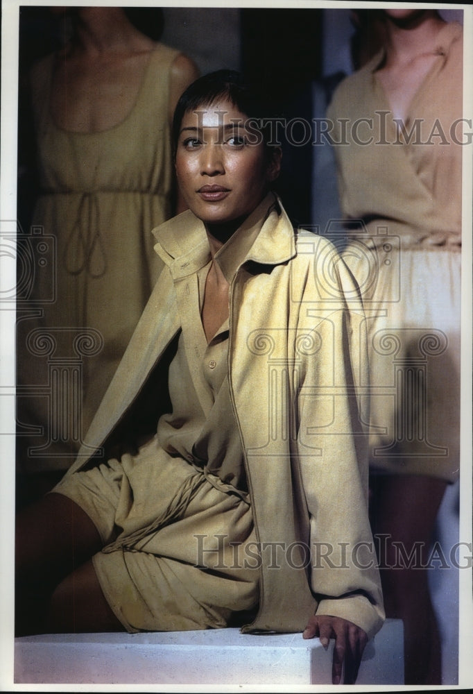 1993 Press Photo A suede shorts ensemble from Jennifer George. - mjp12357 - Historic Images