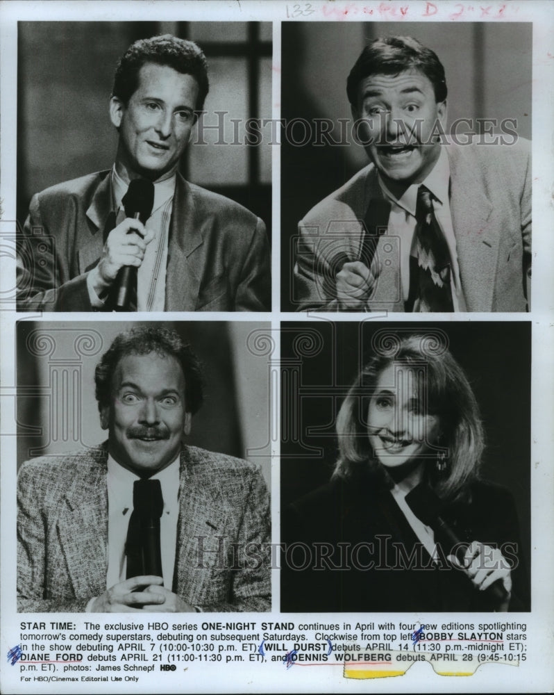 1990 Press Photo Will Durst, Bobby Slayton & Diane Ford on One Night Stand. - Historic Images