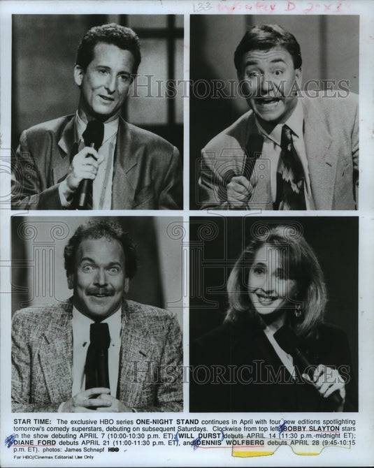 1990 Press Photo Will Durst, Bobby Slayton & Diane Ford on One Night Stand. - Historic Images