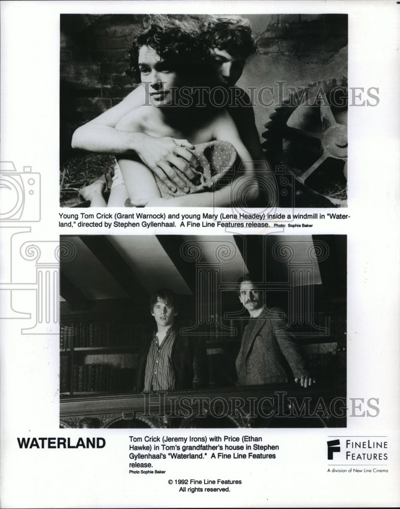 1992 Press Photo Grant Warnock, Lena Headey, Jeremy Irons in &quot;Waterland&quot; Movie - Historic Images