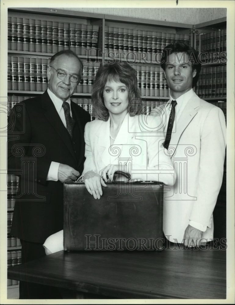 1986 Press Photo Corbin Bernsen, Jill Eikenberry, and Harry Hamlin &quot;L.A. Law&quot; TV - Historic Images