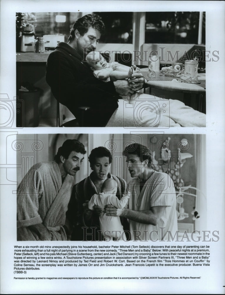 1987 Press Photo Tom Selleck and Steve Guttenberg in Three Men and a Baby. - Historic Images