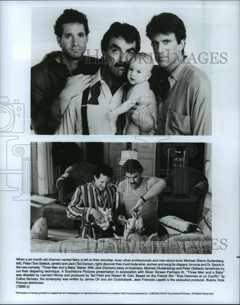 1987 Press Photo Ted Danson and Tom Selleck star in Three Men and a Baby. - Historic Images