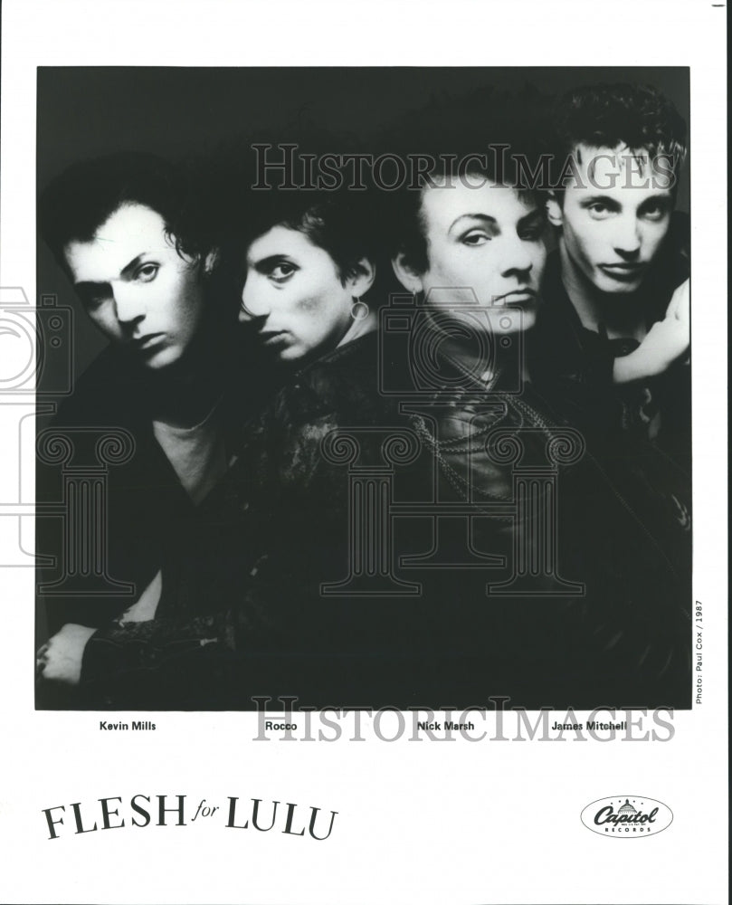 1987 Press Photo Kevin Mills Rocco Nick Marsh &amp; James Mitchell of Flesh for Lulu - Historic Images