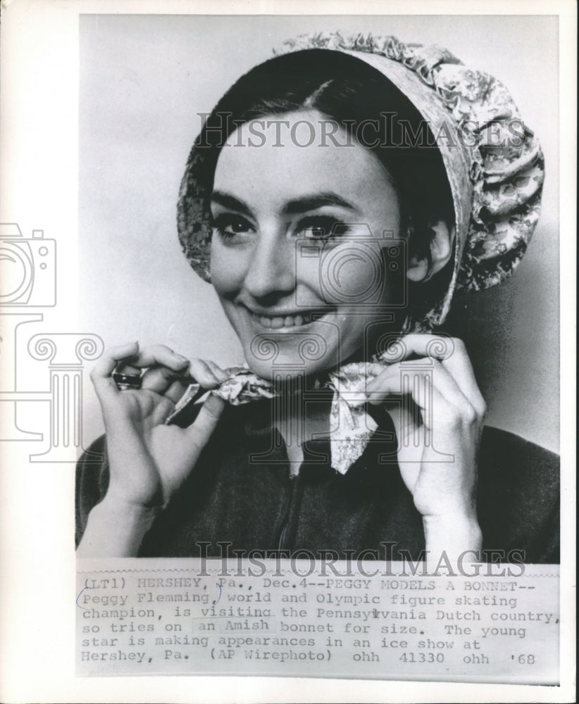 1968 Press Photo Figure Skater Peggy Fleming Wearing Pennsylvania Dutch Bonnet - Historic Images