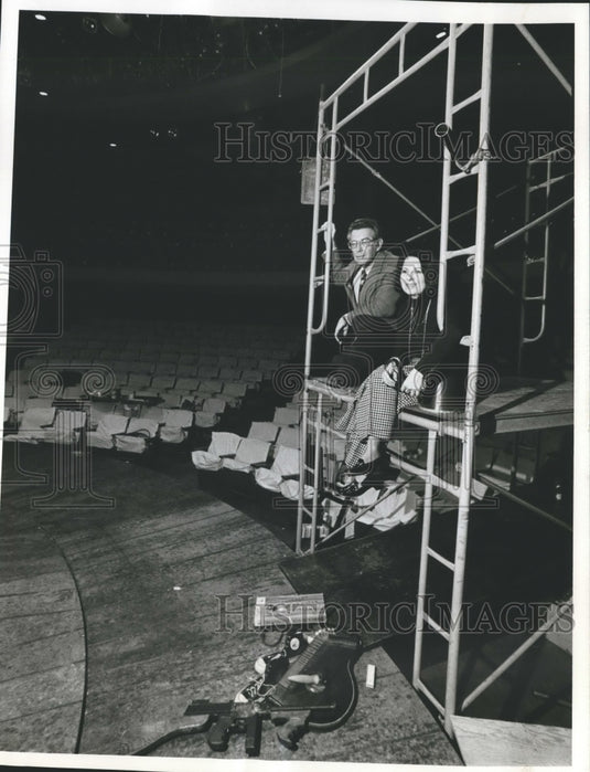1976, Zella and Tom Fichandler posing on Arena Stage scaffolding - Historic Images