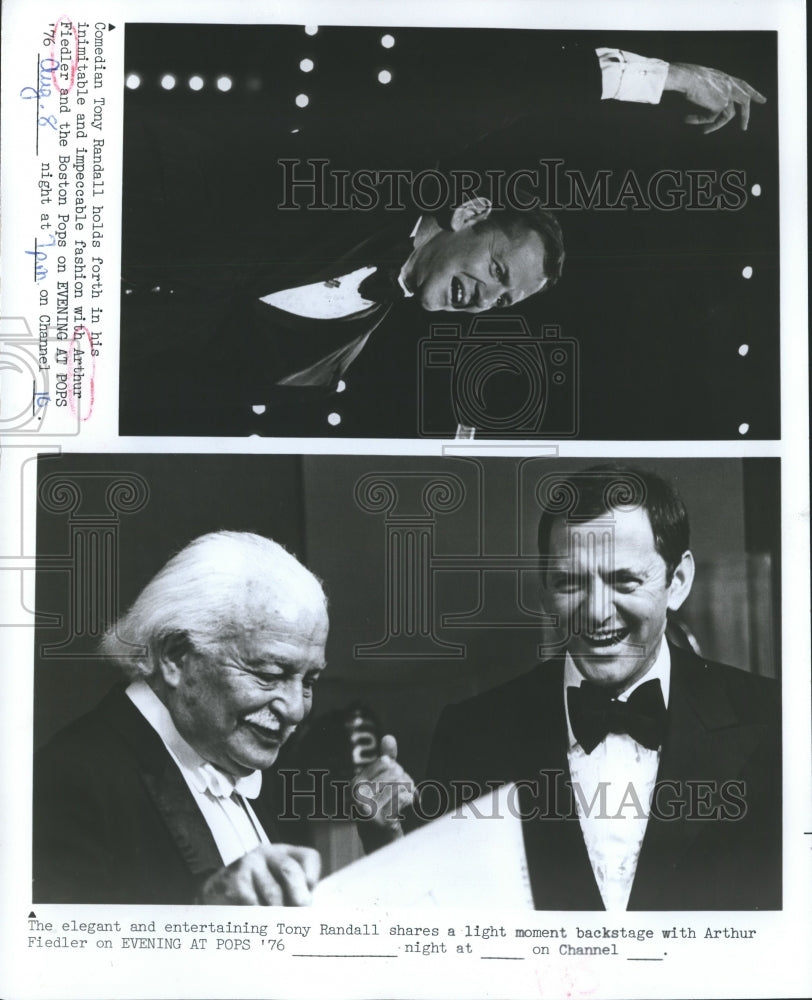 1977 Press Photo Conductor Arthur Fiedler and Tony Randall on Evening at Pops. - Historic Images