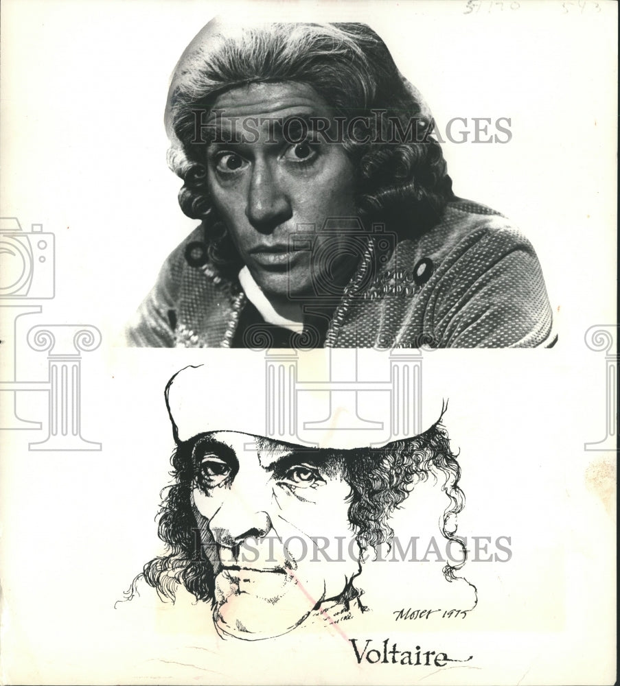 1975 Press Photo Actor Frank Finlay appears as Voltaire with sketch of Voltaire. - Historic Images