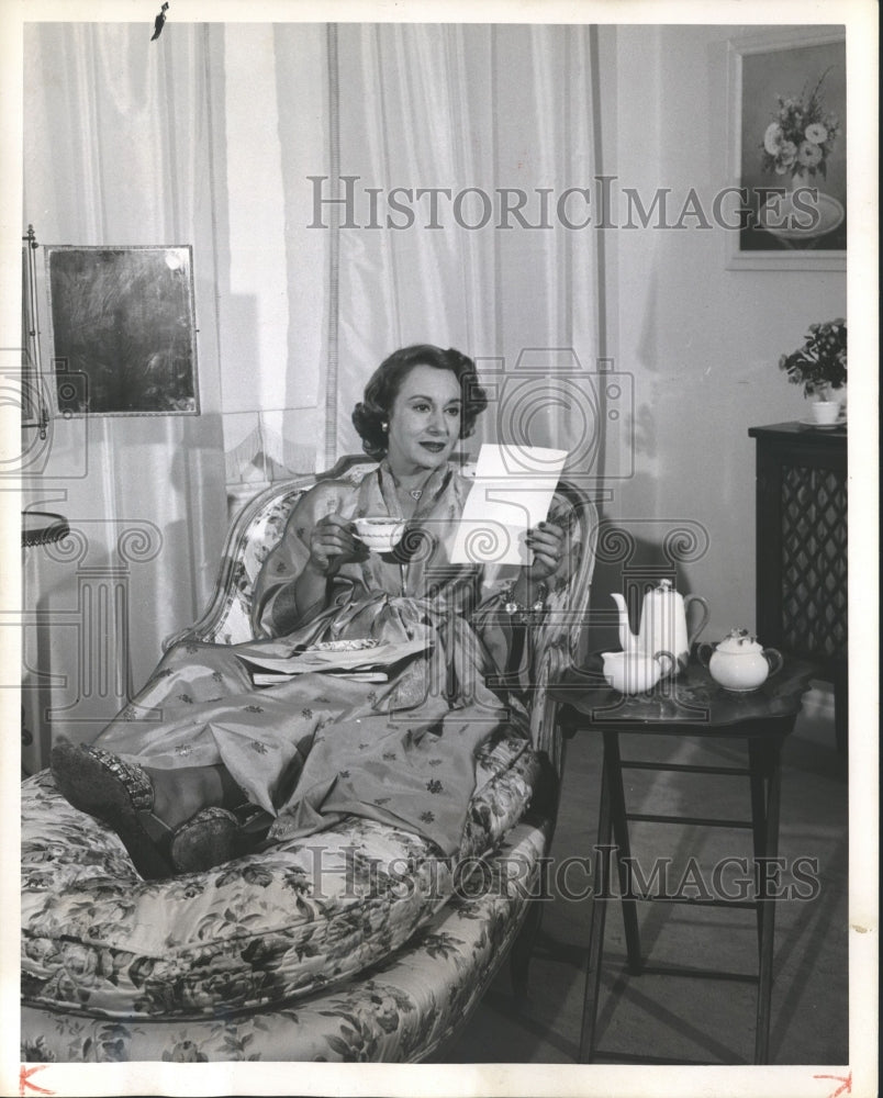 1957 Press Photo Tea For One-Arlene catches up on her fan mail. - mjp13617 - Historic Images