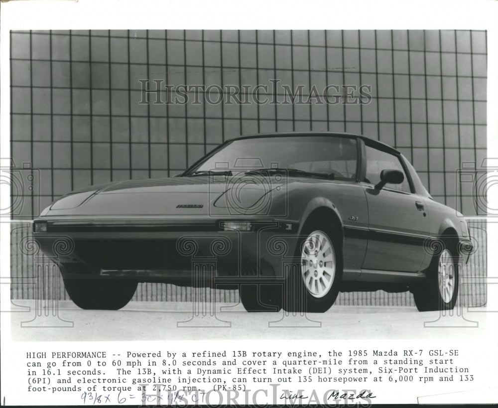 1985 Press Photo Mazda RX-7 - 0 to 60 mph in eight seconds - mjp14238 - Historic Images