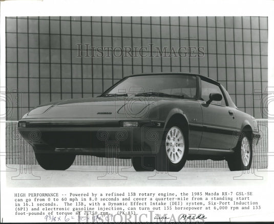 1985 Press Photo Mazda RX-7 - 0 to 60 mph in eight seconds - mjp14238 - Historic Images