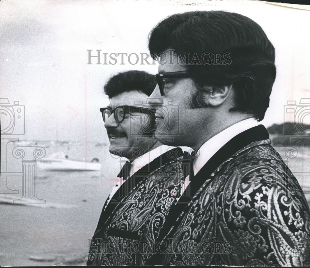 1969, Duo pianist Ferrante and Teicher look over Lake Michigan. - Historic Images