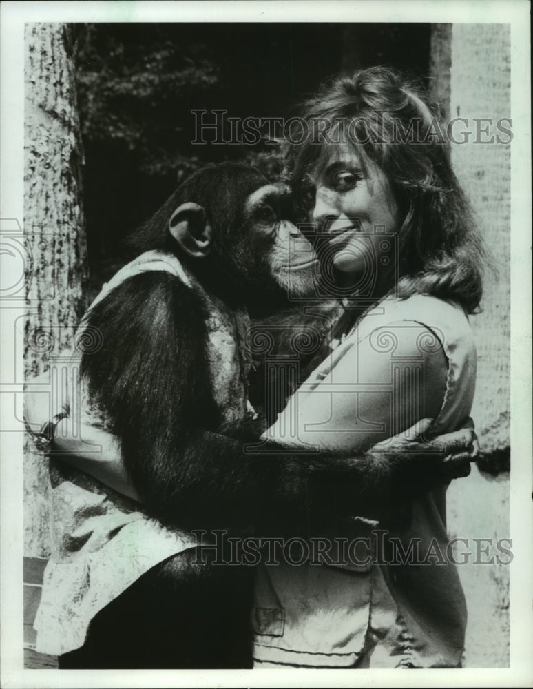 1982, Actress Linda Gray with chimpanzee in "The Wild and the Free" - Historic Images