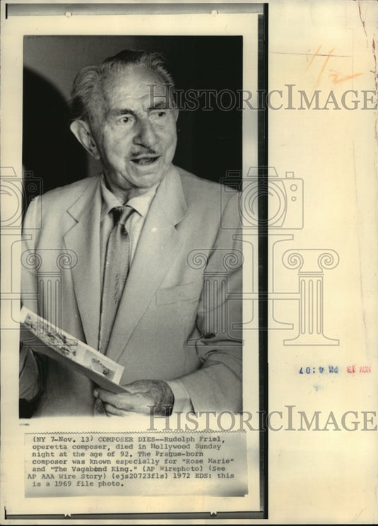 1972, Rudolph Friml, composer of "Rose Marie" and "The Vagabond King" - Historic Images